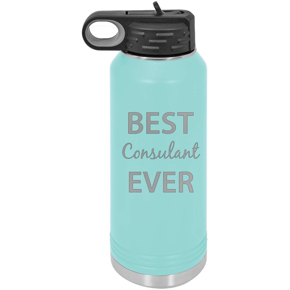 CustomGiftsNow Best Consulant Ever Double Wall Insulated Stainless Steel Engraved Sports Water Bottle with Flip Top Lid, Straw