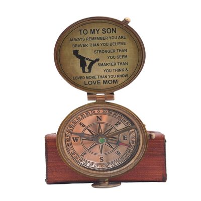 Engraved Brass Compass with Leather Case- Personalized Sundial Pocket Compass for Women, Antique Poem Compass Gift to Mom (Mom to Son)