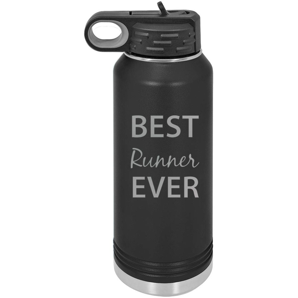 CustomGiftsNow Best Runner Ever Double Wall Insulated Stainless Steel Engraved Sports Water Bottle with Flip Top Lid, Straw