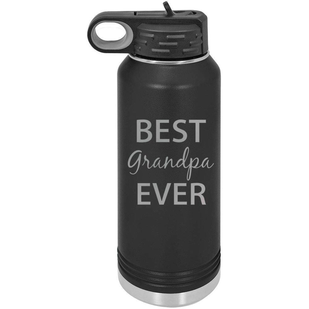 CustomGiftsNow Best Grandpa Ever Double Wall Insulated Stainless Steel Engraved Sports Water Bottle with Flip Top Lid, Straw