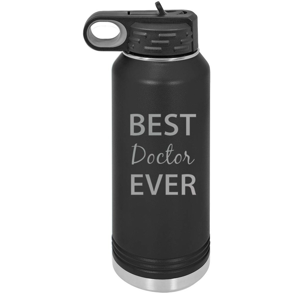 CustomGiftsNow Best Doctor Ever Double Wall Insulated Stainless Steel Engraved Sports Water Bottle with Flip Top Lid, Straw