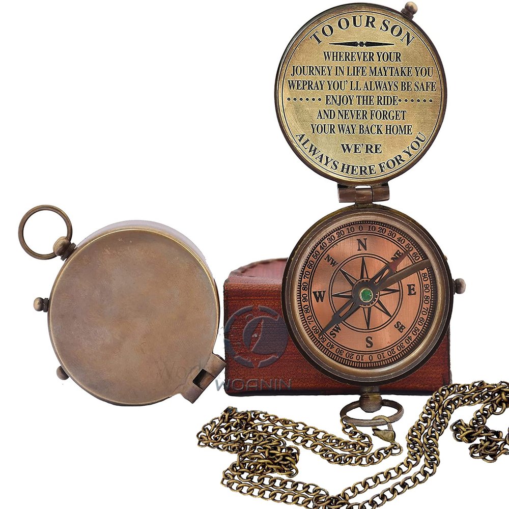Engraved Brass Compass- Personalized Sundial Compass, Viking Compass Gift to My Son Nautical Gift for Son from Dad A Perfect and Unique Gift with Leather Case (to Our Son)