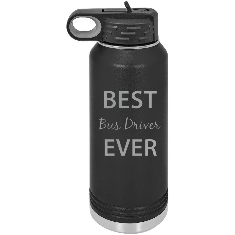 CustomGiftsNow Best Bus Driver Ever Double Wall Insulated Stainless Steel Engraved Sports Water Bottle with Flip Top Lid, Straw