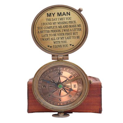 Engraved Brass Antiquated Finish Compass- Handmade Sundial Pocket Compass for Hiking Boating- Antique Poem Compass with Leather Case (Gift for My Man, Husband)