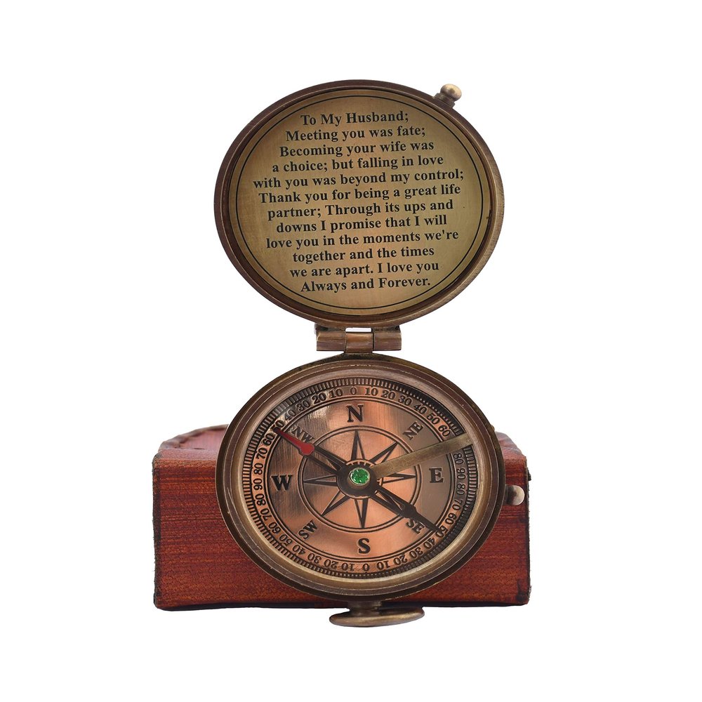 Engraved Handmade Brass Antiquated Finish Vintage Compas with Leather Case- Antique Poem Compass for Men, Gift for Husband Anniversary Wedding Gift