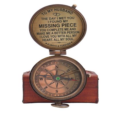 Engraved Compass - Vintage Sundial Nautical Compass Gift for Husband, Anniversary Wedding Gift, Boyfriend Gift, Fiance Gift I Miss You (to My Husband 1)