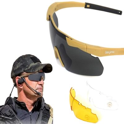 GALAXYLENSE ICE DEA Tactical Combat Military Ballistic EYE-SHIELD Shooting High Impact Resistance Sunglasses With 3 Replacement Lenses (Khaki)