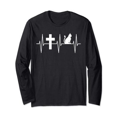 Christian Cat Shirt Religious Cat Lover Heartbeat Jesus Cats Long Sleeve T-Shirt