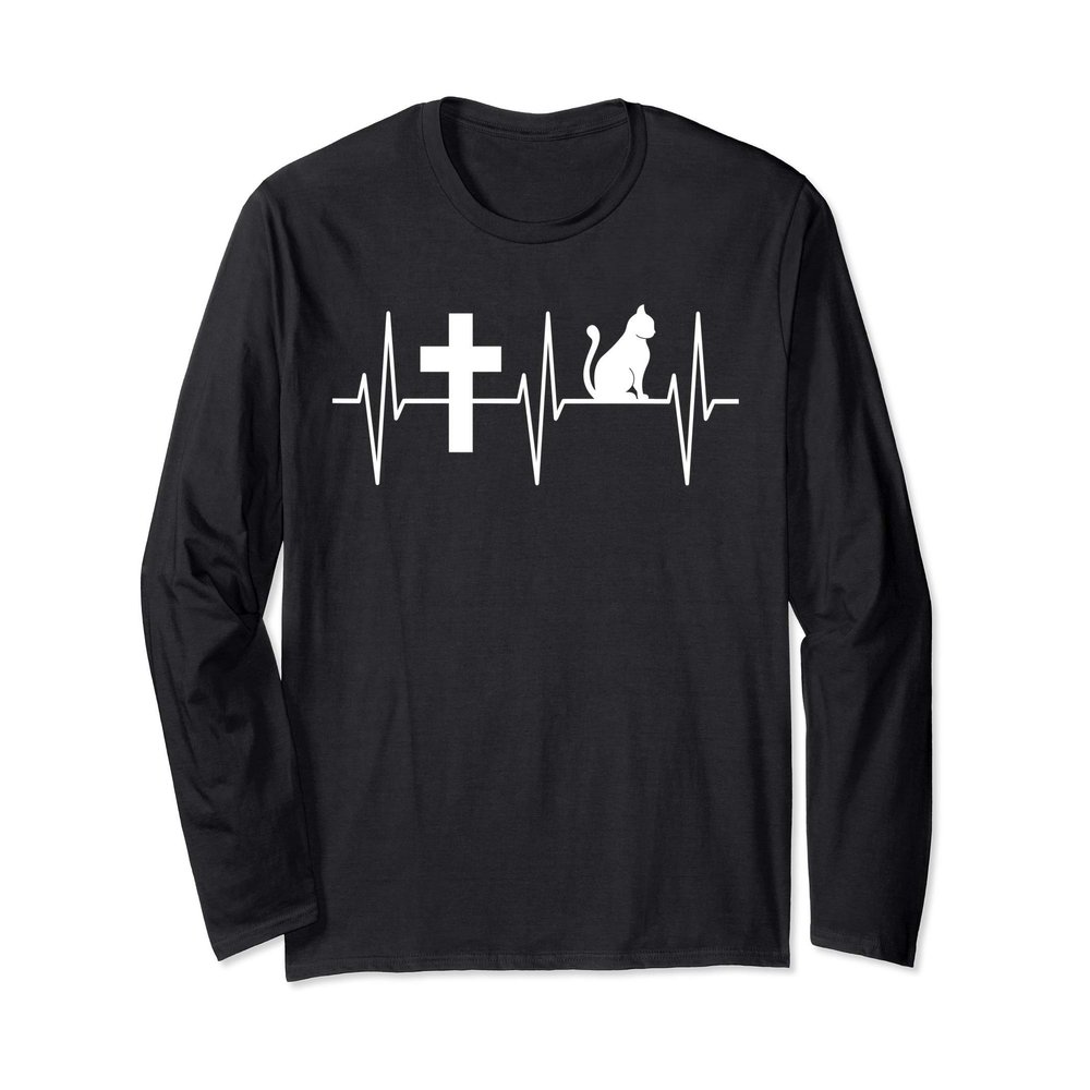 Christian Cat Shirt Religious Cat Lover Heartbeat Jesus Cats Long Sleeve T-Shirt