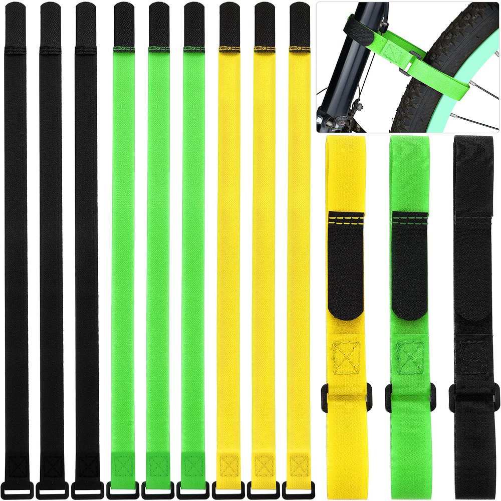 12 Pieces Bike Rack Straps 23.6 Inches Adjustable Bike Cinch Straps Wheel Stabilizer Bicycle Accessories for Transporting Bicycles(Black, Green, Yellow)