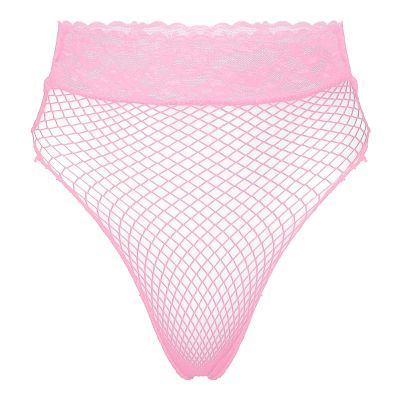 ACSUSS Women's Fishnet Sheer Hi-Cut Brief Panty Thong Floral Lace High Waisted Sexy Underwear Pink One Size