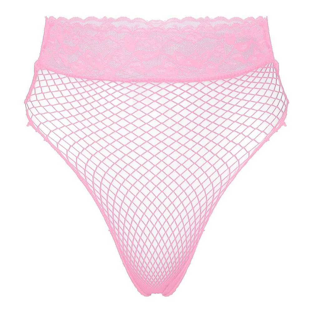 ACSUSS Women's Fishnet Sheer Hi-Cut Brief Panty Thong Floral Lace High Waisted Sexy Underwear Pink One Size