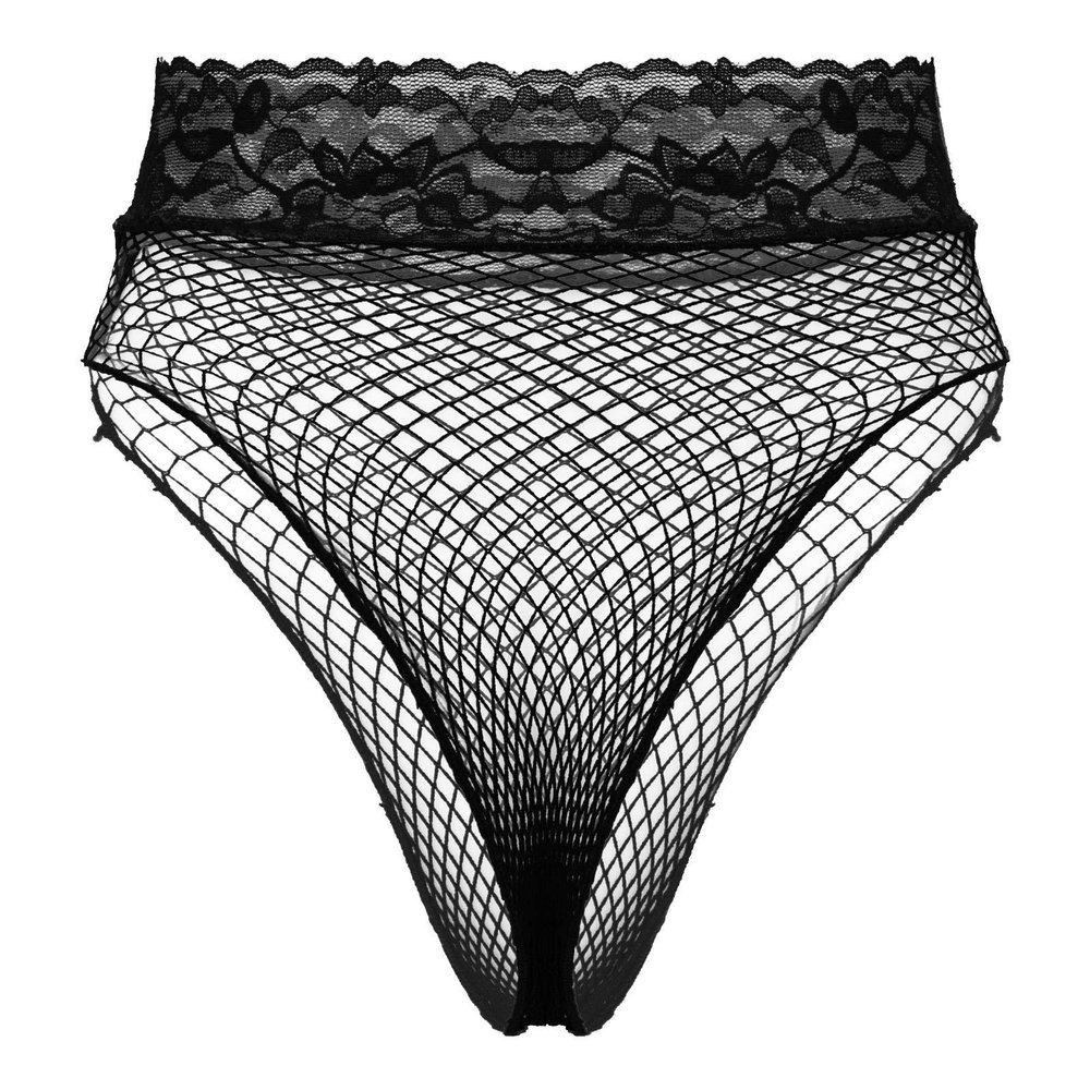 ACSUSS Women's Fishnet Sheer Hi-Cut Brief Panty Thong Floral Lace High Waisted Sexy Underwear Black One Size
