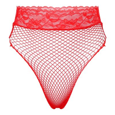 ACSUSS Women's Fishnet Sheer Hi-Cut Brief Panty Thong Floral Lace High Waisted Sexy Underwear Red One Size