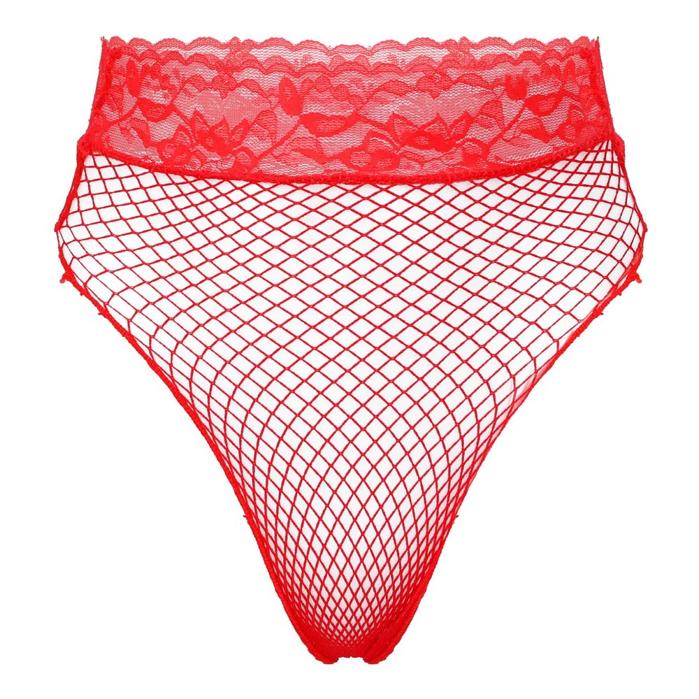 ACSUSS Women's Fishnet Sheer Hi-Cut Brief Panty Thong Floral Lace High Waisted Sexy Underwear Red One Size