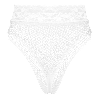 ACSUSS Women's Fishnet Sheer Hi-Cut Brief Panty Thong Floral Lace High Waisted Sexy Underwear White One Size