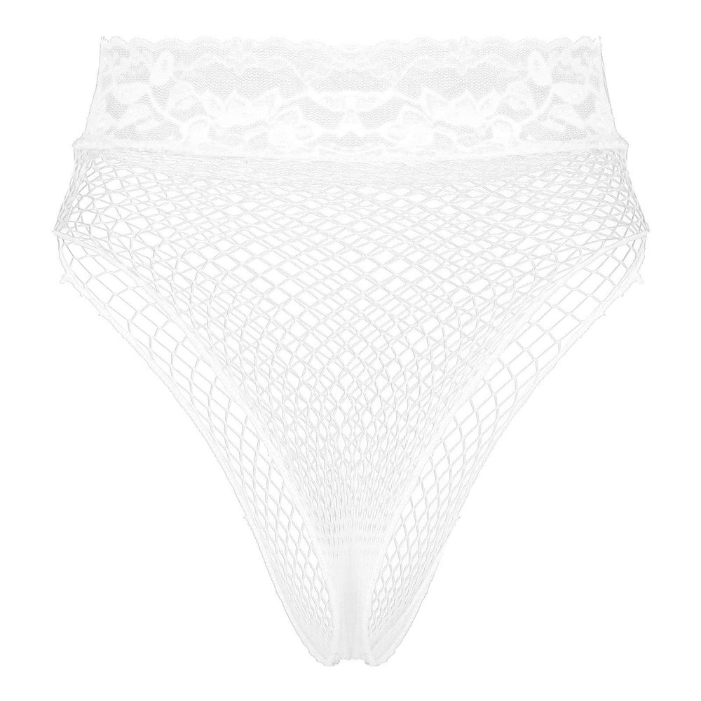 ACSUSS Women's Fishnet Sheer Hi-Cut Brief Panty Thong Floral Lace High Waisted Sexy Underwear White One Size