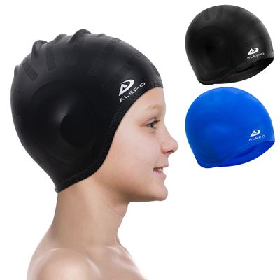 2 Pack Kids Swim Caps for Boys Girls, Durable Silicone Swimming Cap with 3D Ear Pockets for Age 3-15 Toddler Child Youth Teen, Unisex Swim Bath Hats for Short/Long Hair with Ear Plugs Nose Clip-7