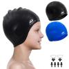 2 Pack Kids Swim Caps for Boys Girls, Durable Silicone Swimming Cap with 3D Ear Pockets for Age 3-15 Toddler Child Youth Teen, Unisex Swim Bath Hats for Short/Long Hair with Ear Plugs Nose Clip-1 view 1