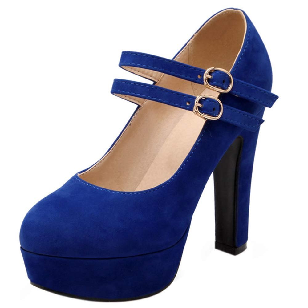 Roimaash Fashion Platform Pumps Block High Heels Ankle Strap Court Shoes Wedding Party Heels Mary Janes Extra Big Sizes Suede Blue Size 42