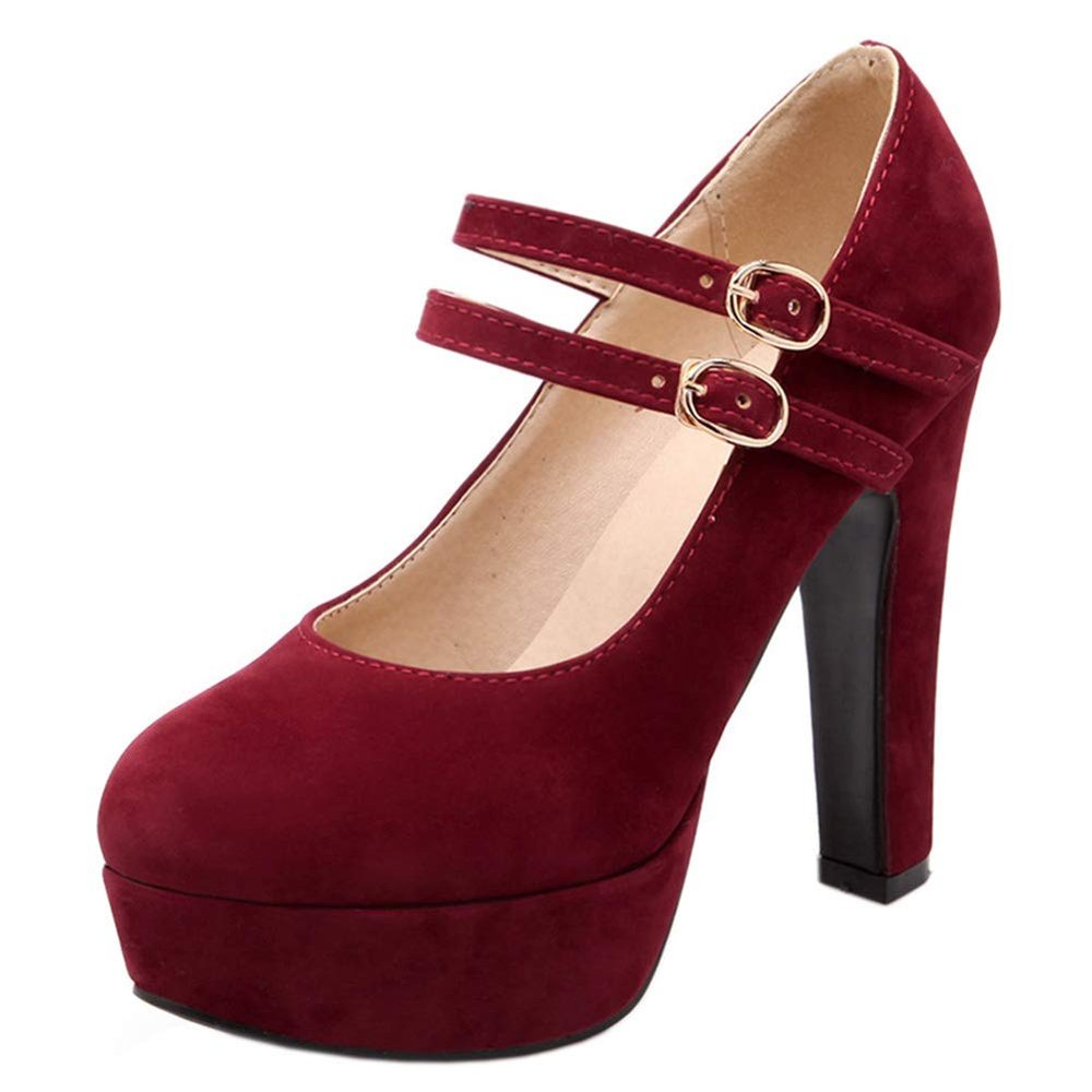 Roimaash Fashion Platform Pumps Block High Heels Ankle Strap Court Shoes Wedding Party Heels Mary Janes Extra Big Sizes Suede Red Size 36