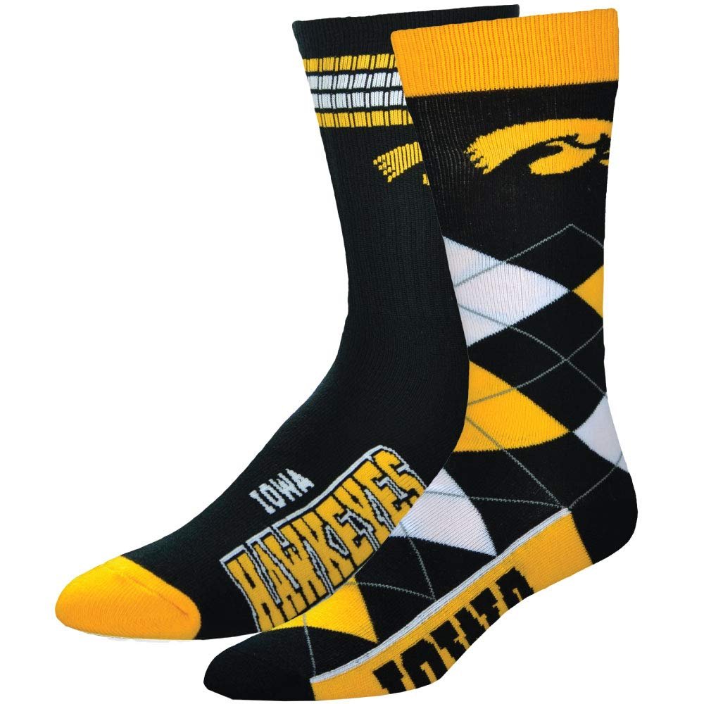 For Bare Feet NCAA 2-Pack Socks, 4 Stripe Deuce & Argyle Lineup, Iowa, Medium