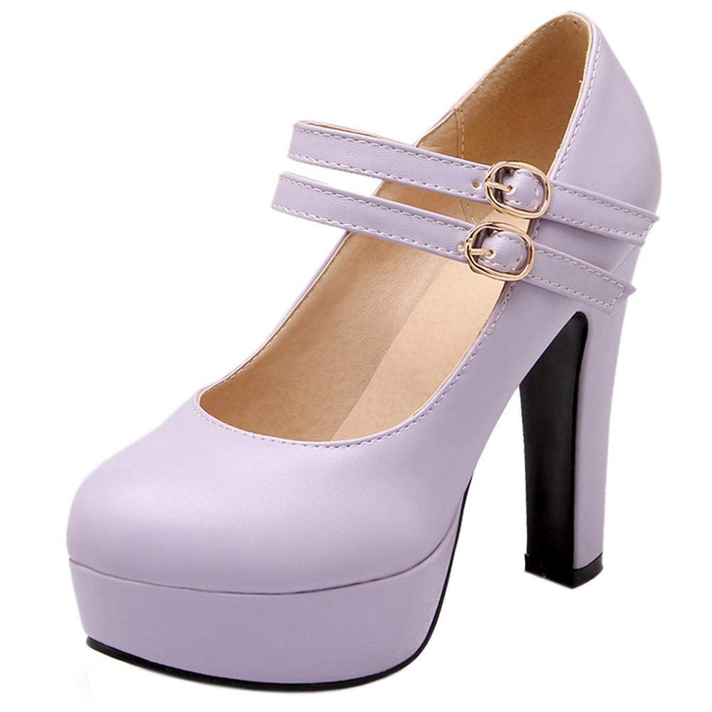 Roimaash Fashion Platform Pumps Block High Heels Ankle Strap Court Shoes Wedding Party Heels Mary Janes Extra Big Sizes Suede Purple Size 33