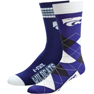 For Bare Feet NCAA 2-Pack Socks, 4 Stripe Deuce & Argyle Lineup, Kansas State, Large