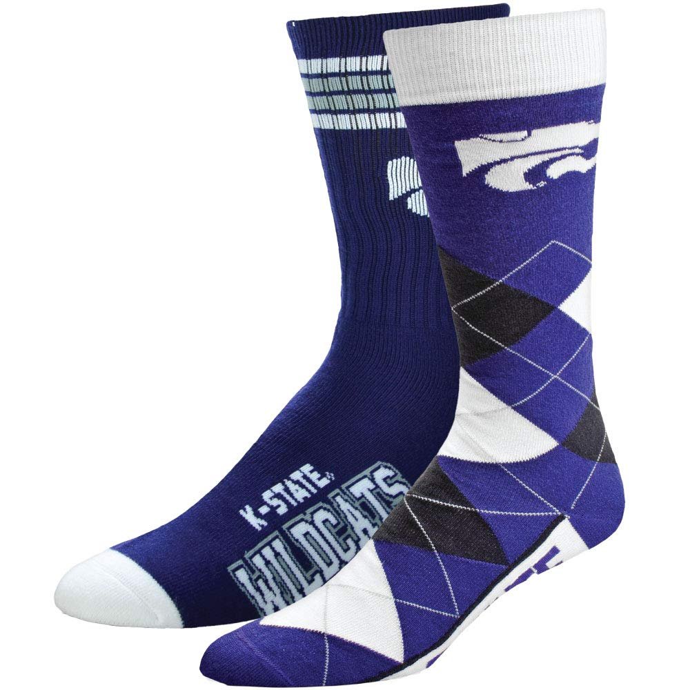 For Bare Feet NCAA 2-Pack Socks, 4 Stripe Deuce & Argyle Lineup, Kansas State, Large