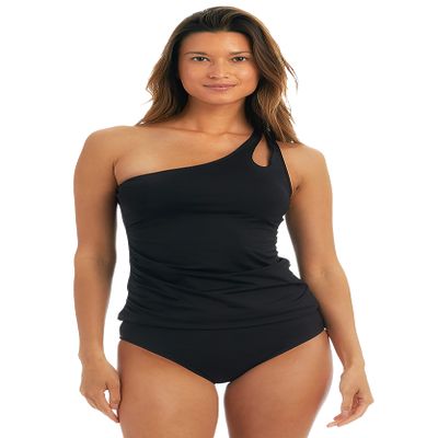 AMAVI Women's One Shoulder Tankini Top-Basic Hipster Bikini Bottom Set, Black, XL