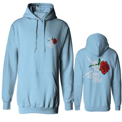 0184. dope Streetwear Graphic Good Vibe Red Rose Flowers Bones Hand Shaka Sweatshirt Pullover Hoodie (Light Blue X-Large)