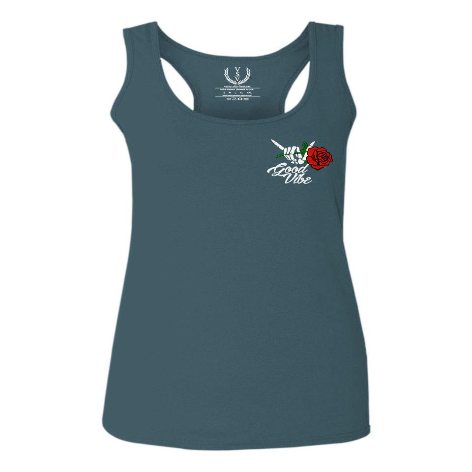 0184. dope Streetwear Graphic Good Vibe Red Rose Flowers Bones Hand Shaka Women's Tank Top Racerback (Indigo Blue X Small)