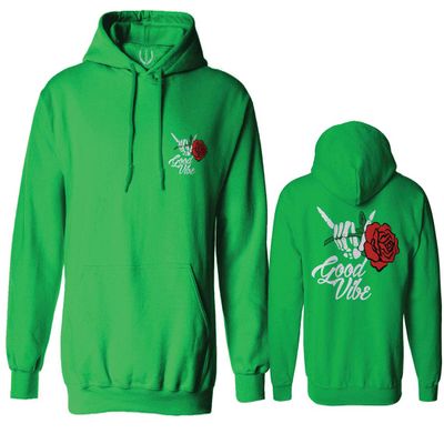 0184. dope Streetwear Graphic Good Vibe Red Rose Flowers Bones Hand Shaka Sweatshirt Pullover Hoodie (Irish X-Large)