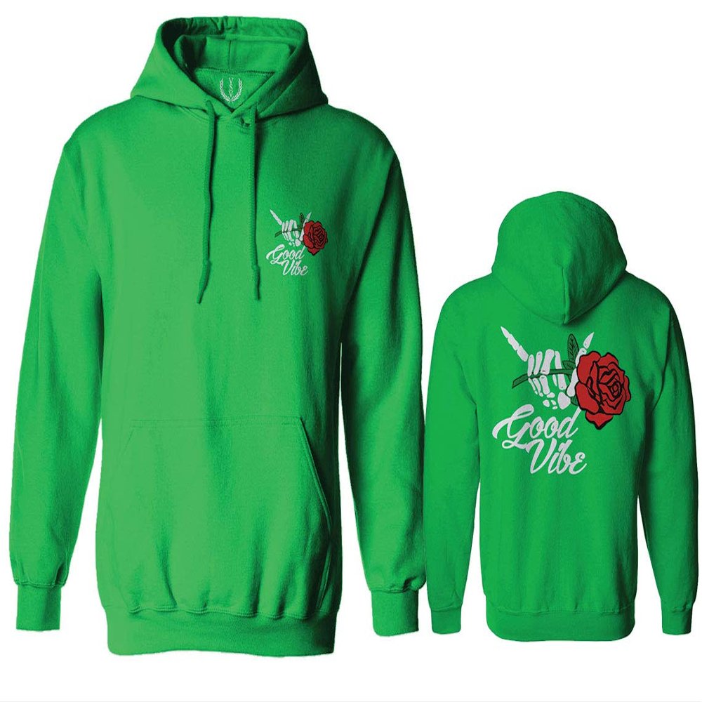 0184. dope Streetwear Graphic Good Vibe Red Rose Flowers Bones Hand Shaka Sweatshirt Pullover Hoodie (Irish X-Large)