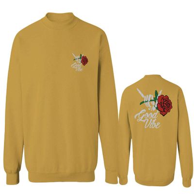 0184. dope Streetwear Graphic Good Vibe Red Rose Flowers Bones Hand Shaka Men's Crewneck Sweatshirt (Gold Medium)