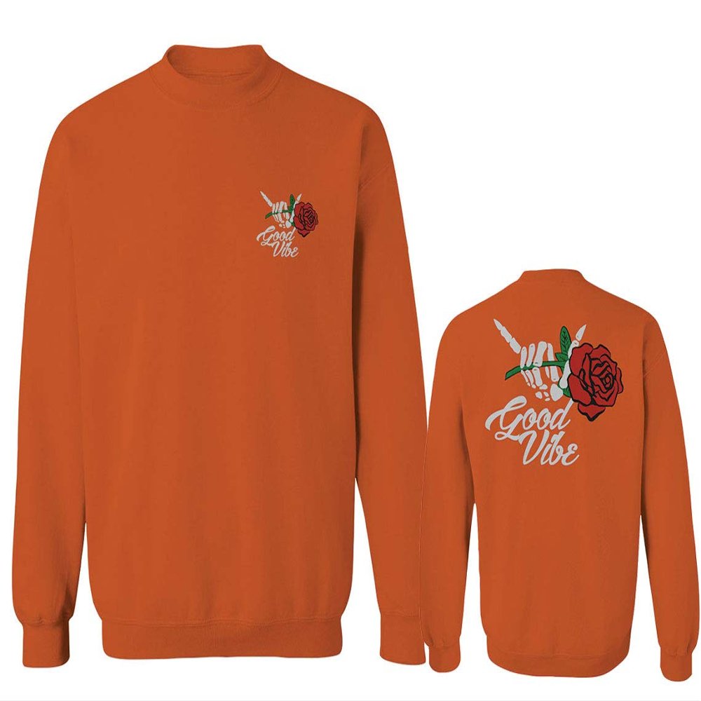 0184. dope Streetwear Graphic Good Vibe Red Rose Flowers Bones Hand Shaka Men's Crewneck Sweatshirt (Orange Medium)