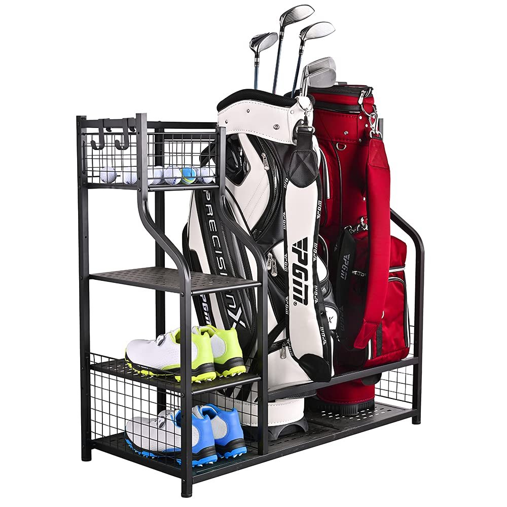 SNAIL Extra Large Golf Bag Rack Stand Holder - Fits 2 Bags & Accessories, Metal Black Garage Storage