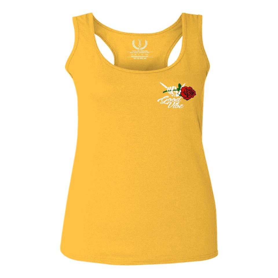 0184. dope Streetwear Graphic Good Vibe Red Rose Flowers Bones Hand Shaka Women's Tank Top Racerback (Gold Small)