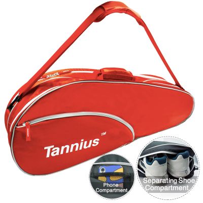 Tannius 3-5 Racket Tennis Bag, with Shoe & Phone Compartment and Protective Pad, Super Roomy and Lightweight Racquet Bag for Tennis, Badminton (Red)