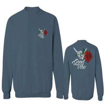 0184. dope Streetwear Graphic Good Vibe Red Rose Flowers Bones Hand Shaka Men's Crewneck Sweatshirt (Indigo Blue Medium)