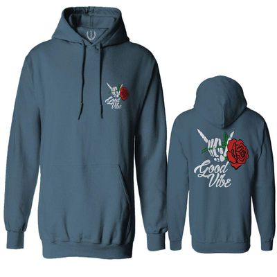 0184. dope Streetwear Graphic Good Vibe Red Rose Flowers Bones Hand Shaka Sweatshirt Pullover Hoodie (Indigo Blue, Small)