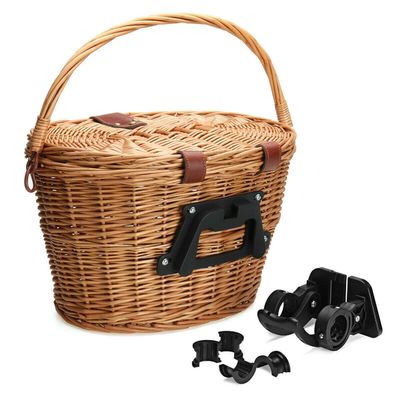 Vintage Wicker Bicycle Basket, Bicycle Front Basket, Wicker Picnic Basket with Lid Carry Handle, Shopping Basket with Folding Lid & Leather Straps, Suitable for Bicycles, Shopping, Picnics-B