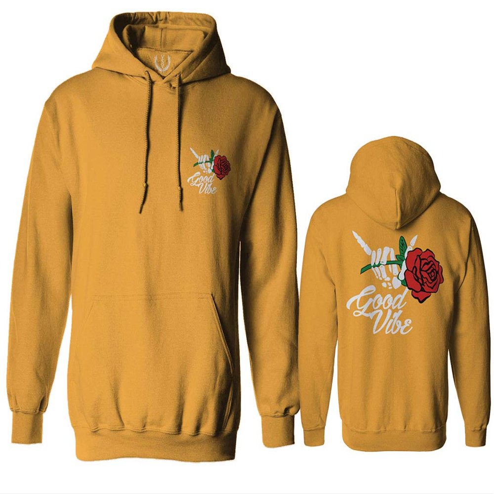 0184. dope Streetwear Graphic Good Vibe Red Rose Flowers Bones Hand Shaka Sweatshirt Pullover Hoodie (Gold X-Large)