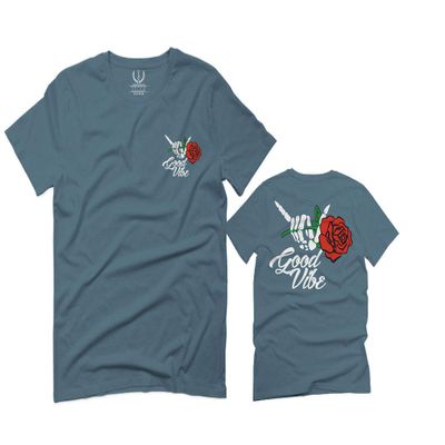 0184. dope Streetwear Graphic Good Vibe Red Rose Flowers Bones Hand Shaka for Men T Shirt (Indigo 2X-Large)