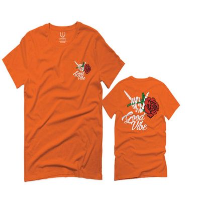 0184. dope Streetwear Graphic Good Vibe Red Rose Flowers Bones Hand Shaka for Men T Shirt (Orange 2X-Large)