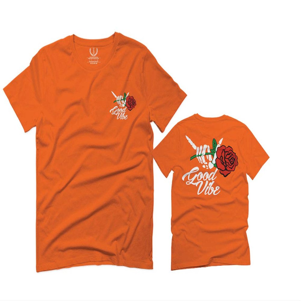 0184. dope Streetwear Graphic Good Vibe Red Rose Flowers Bones Hand Shaka for Men T Shirt (Orange 2X-Large)