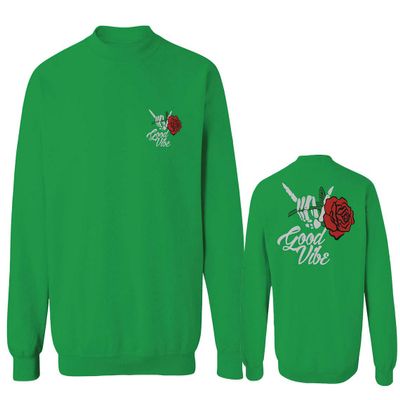 0184. dope Streetwear Graphic Good Vibe Red Rose Flowers Bones Hand Shaka Men's Crewneck Sweatshirt (Irish Green Small)