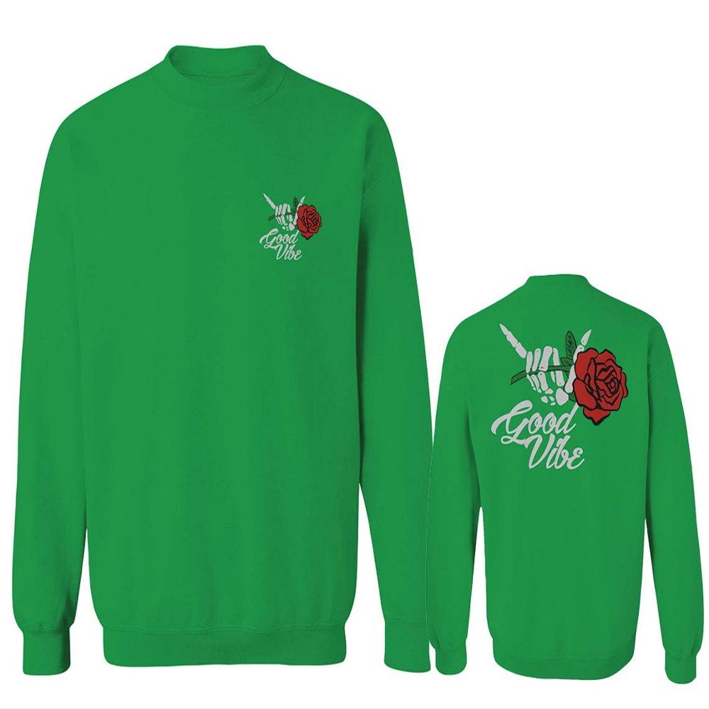 0184. dope Streetwear Graphic Good Vibe Red Rose Flowers Bones Hand Shaka Men's Crewneck Sweatshirt (Irish Green Small)