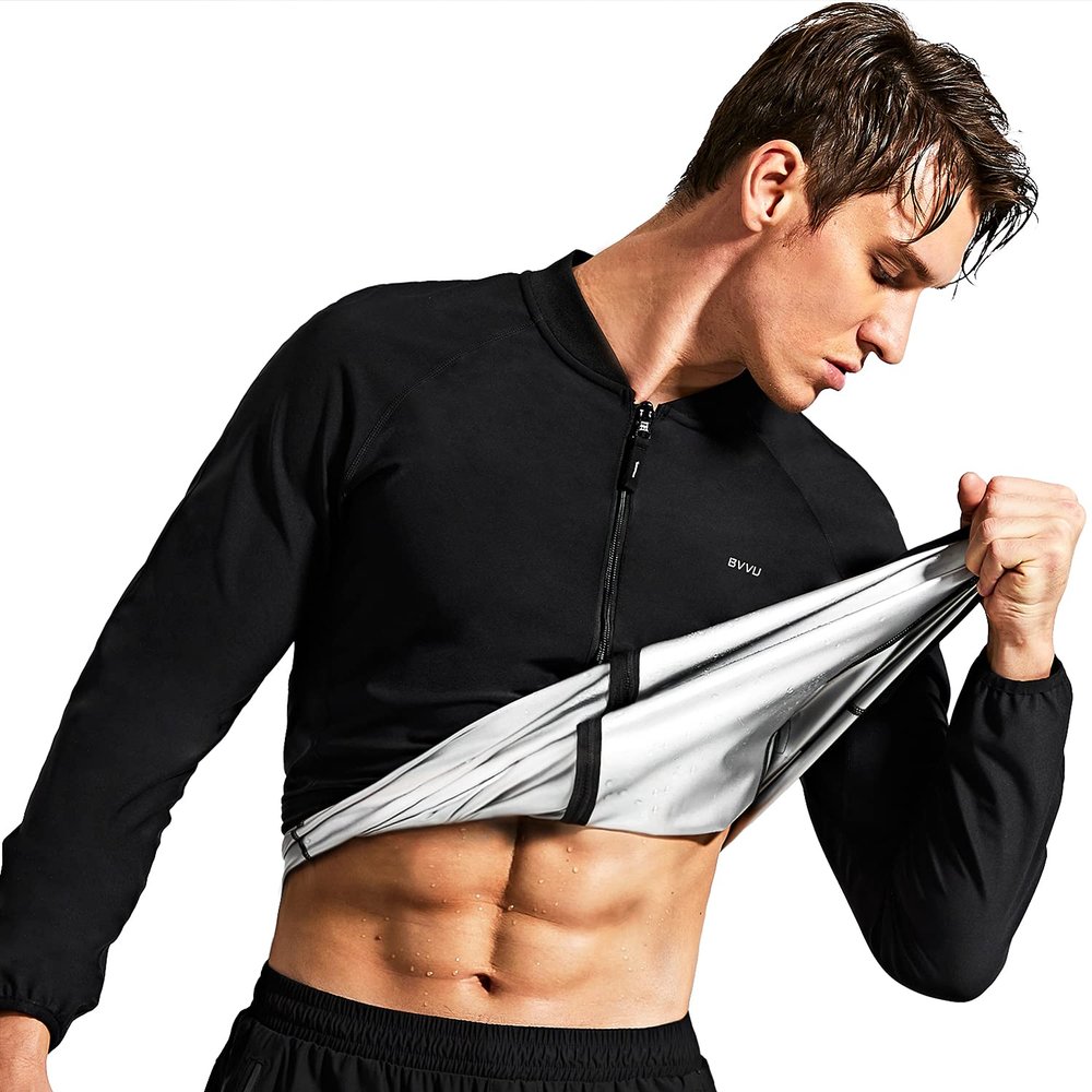 BVVU Sauna Suit for Men Sweat Sauna Jackets Workout Shirt Body Shaper Fitness Shapewear Long Sleeve Black