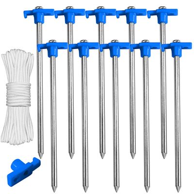 ABCCANOPY 15 Inch Tent Stakes 10 Pcs Non-Rust Metal Ground Anchors, Heavy Duty Spikes with 4 Ropes for Outdoor Camping, Blue